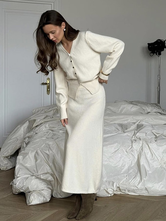 Zweiteiliges Set aus Strickjacke mit V-Ausschnitt und langem Strickrock für Damen 2025