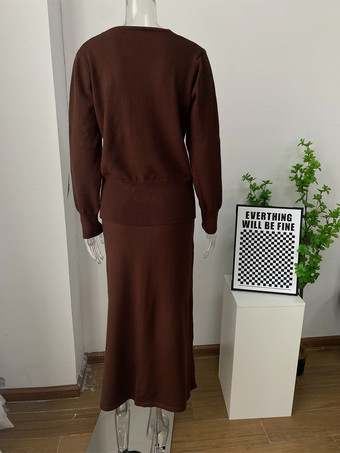 Zweiteiliges Set aus Strickjacke mit V-Ausschnitt und langem Strickrock für Damen 2025