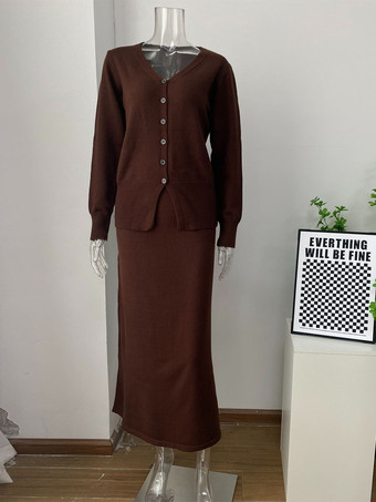 Zweiteiliges Set aus Strickjacke mit V-Ausschnitt und langem Strickrock für Damen 2025
