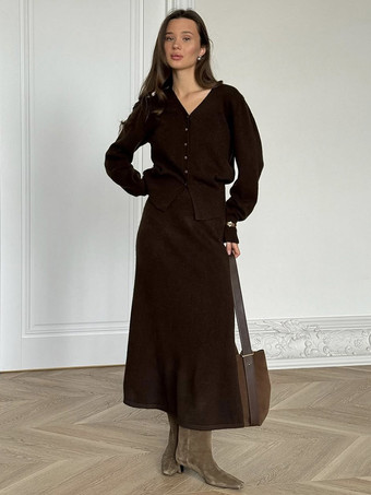 Braun Zweiteiliges Set aus Strickjacke mit V-Ausschnitt und langem Strickrock für Damen 2025