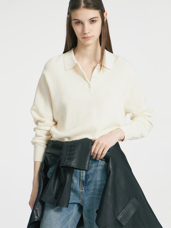 milchweißRelaxed Fit Strick-Polopullover mit klassischem Kragen für Damen 2025