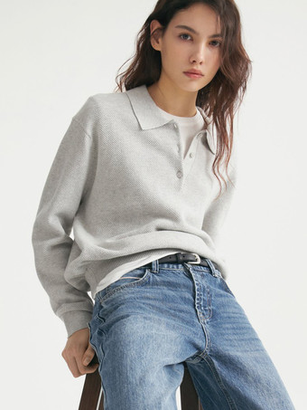 GrauRelaxed Fit Strick-Polopullover mit klassischem Kragen für Damen 2025