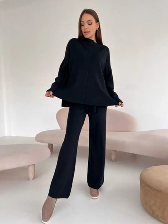 negro Conjunto de ropa de estar por casa de punto liso para mujer 2025