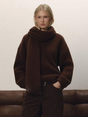 ブラウンリラックスフィットニットプルオーバーセーター（スカーフ付き、レディース）2025