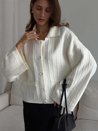 Rippstrick-Polo-Cardigan mit übergroßen Ärmeln für Damen 2025