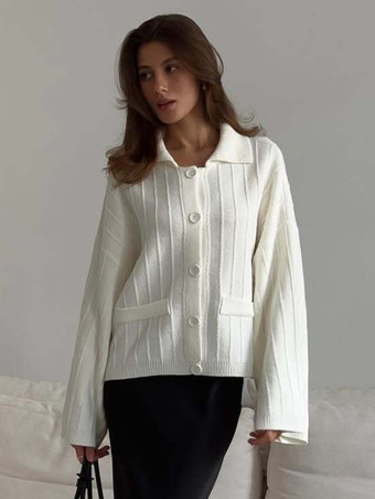 Rippstrick-Polo-Cardigan mit übergroßen Ärmeln für Damen 2025