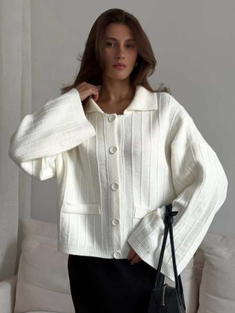 WeißRippstrick-Polo-Cardigan mit übergroßen Ärmeln für Damen 2025