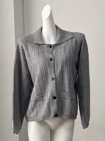 Rippstrick-Polo-Cardigan mit übergroßen Ärmeln für Damen 2025