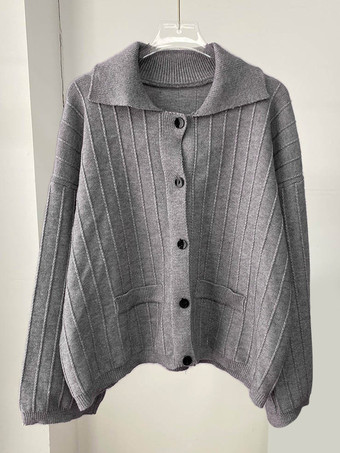 Rippstrick-Polo-Cardigan mit übergroßen Ärmeln für Damen 2025