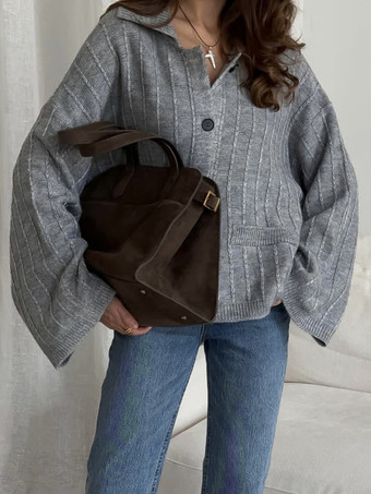 Rippstrick-Polo-Cardigan mit übergroßen Ärmeln für Damen 2025