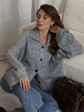 Rippstrick-Polo-Cardigan mit übergroßen Ärmeln für Damen 2025