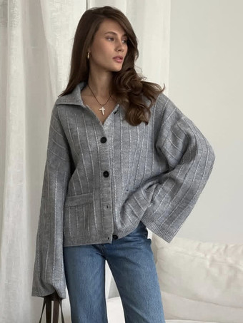 Rippstrick-Polo-Cardigan mit übergroßen Ärmeln für Damen 2025