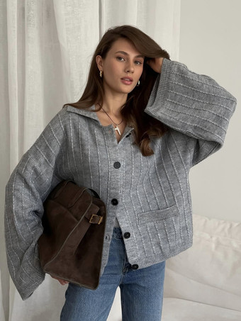 GrauRippstrick-Polo-Cardigan mit übergroßen Ärmeln für Damen 2025