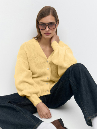 YellowOversized Solid Color V-Neck Cardigan Balloon Sleeves For Women 2025