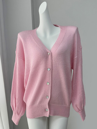 Oversized Solid Color V-Neck Cardigan Balloon Sleeves For Women 2025