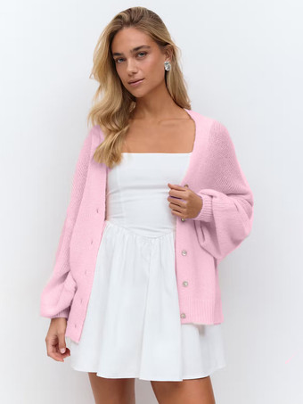 PinkOversized Solid Color V-Neck Cardigan Balloon Sleeves For Women 2025