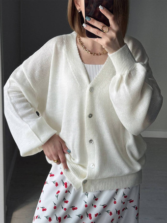 Oversized Solid Color V-Neck Cardigan Balloon Sleeves For Women 2025