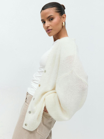 Oversized Solid Color V-Neck Cardigan Balloon Sleeves For Women 2025