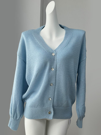 Oversized Solid Color V-Neck Cardigan Balloon Sleeves For Women 2025