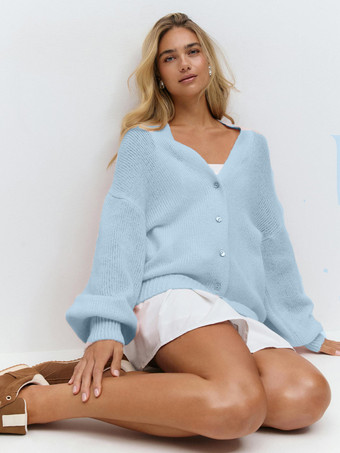 Light Sky BlueOversized Solid Color V-Neck Cardigan Balloon Sleeves For Women 2025
