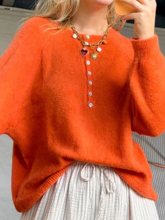 ブリックレッドカジュアルオーバーサイズヘンリーセーター（ラグランスリーブ、レディース）2025年