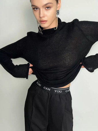 Nero Top in maglia trasparente a maniche lunghe per donna 2025