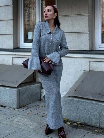 グレイオーバーサイズポロカーディガンとロングスカートのニットツーピースコーデセット（レディース 2025年）