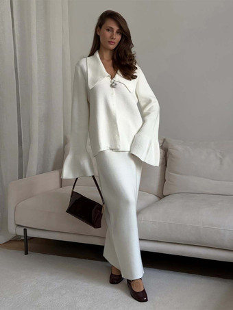 オーバーサイズポロカーディガンとロングスカートのニットツーピースコーデセット（レディース 2025年）