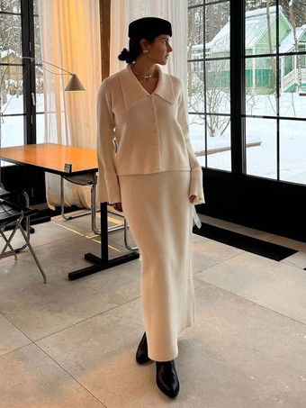 オーバーサイズポロカーディガンとロングスカートのニットツーピースコーデセット（レディース 2025年）