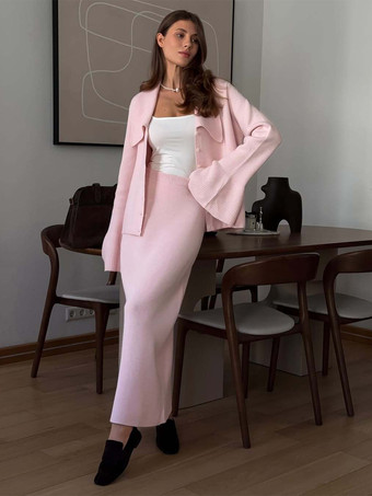 オーバーサイズポロカーディガンとロングスカートのニットツーピースコーデセット（レディース 2025年）