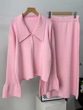 オーバーサイズポロカーディガンとロングスカートのニットツーピースコーデセット（レディース 2025年）