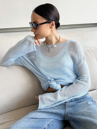 Light Sky BlueSheer Oversized Boat Neck Knitted Top For Women 2025
