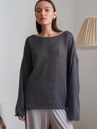 Deep GraySheer Oversized Boat Neck Knitted Top For Women 2025