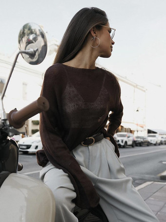 Deep BrownSheer Oversized Boat Neck Knitted Top For Women 2025