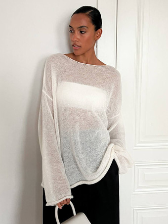 White Sheer Oversized Boat Neck Knitted Top For Women 2025