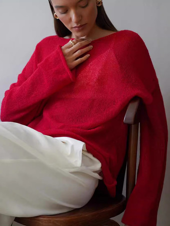 Red Sheer Oversized Boat Neck Knitted Top For Women 2025