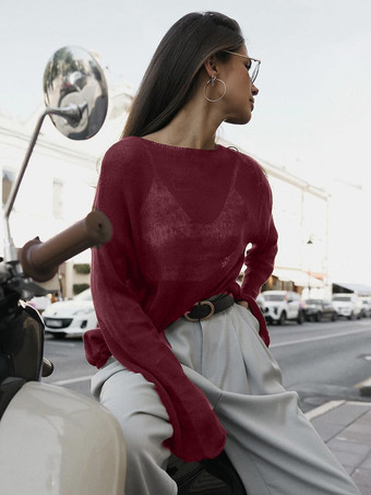 Burgundy Sheer Oversized Boat Neck Knitted Top For Women 2025