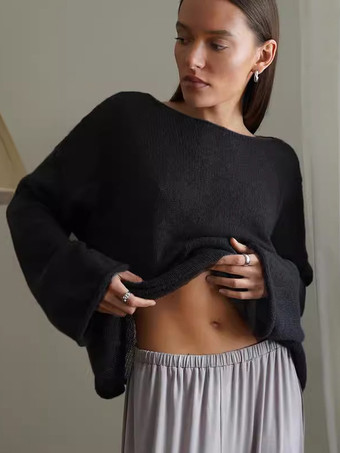 Black Sheer Oversized Boat Neck Knitted Top For Women 2025