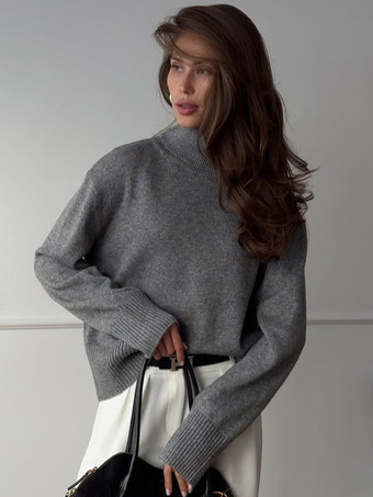 Einfarbiger Strickpullover mit Wasserfallausschnitt für Damen 2025