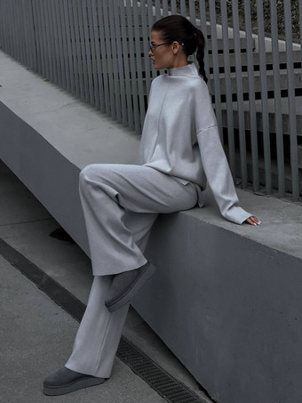 GrisConjunto de ropa de estar por casa de punto liso para mujer 2025