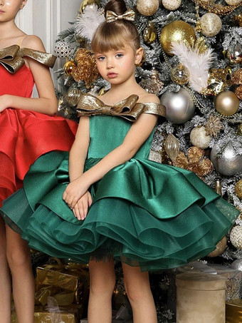 グリーン クリスマスガールパーティードレス 特別な日のためのドレス ノースリーブ フリル