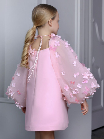 ウェディングフラワーガールドレス 特別な日のドレス ピンク 長袖 アップリケ