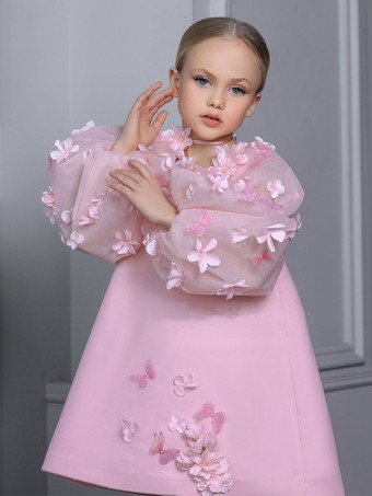 ウェディングフラワーガールドレス 特別な日のドレス ピンク 長袖 アップリケ