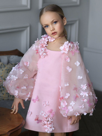 ウェディングフラワーガールドレス 特別な日のドレス ピンク 長袖 アップリケ