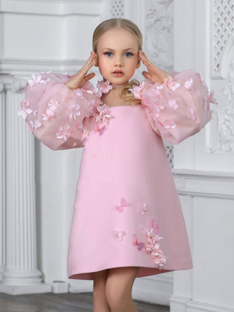 ウェディングフラワーガールドレス 特別な日のドレス ピンク 長袖 アップリケ