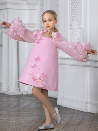 ピンクウェディングフラワーガールドレス 特別な日のドレス ピンク 長袖 アップリケ
