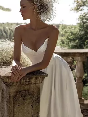 simple old fashioned wedding dresses Vintage Sleeved A-Line V-neck Satin Tea Length Wedding Dress, Diamond White / 6 main image 1