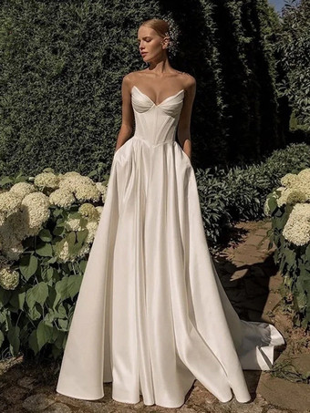 ヴィンテージウェディングドレス Aラインデザイン ネックライン ノースリーブ プリーツ シンプルブライダルドレス