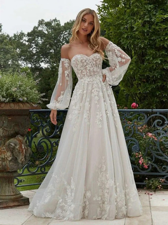Brautkleider Sweetheart Neck Abnehmbare Ärmel Mit Schleppe Spitze Brautkleider
