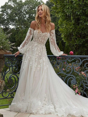 ウェディングドレス スウィートハートネック 取り外し可能な袖 トレーン付き レースブライダルドレス